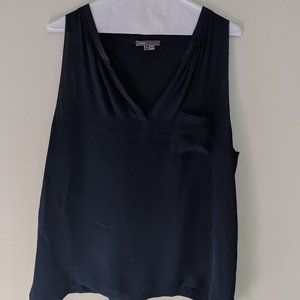 Navy Blue Vince Silk Sleeveless Blouse with Pocket